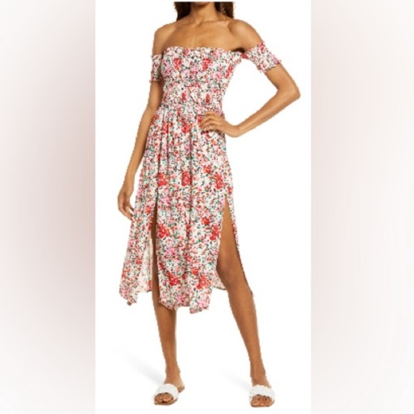 Lulus Dresses & Skirts - View from the Meadow Cream Floral Print Off-the-Shoulder Dress